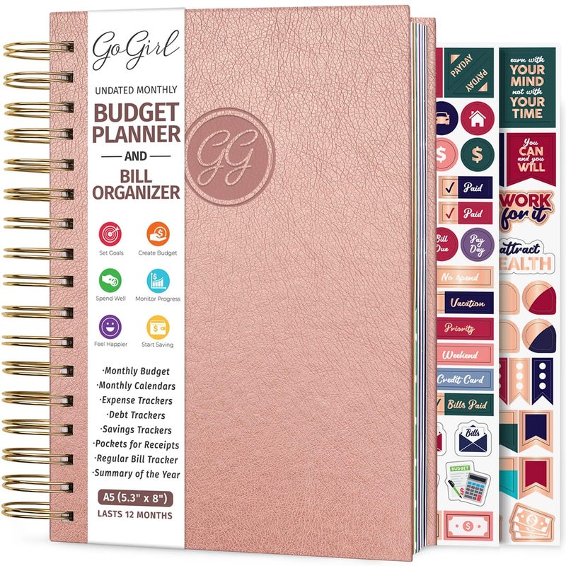 GoGirl Budget Planner & Monthly Bill Organizer â€“ Monthly Financial Book with Pockets. Expense Tracker Notebook Journal, Compact (Rose Gold) - Image 1